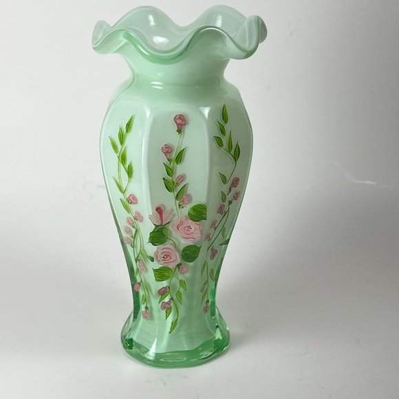 Cased Milk Green Glass Vase Hand Painted Pink Roses Floral Flower Ruffled Top - Picture 3 of 11
